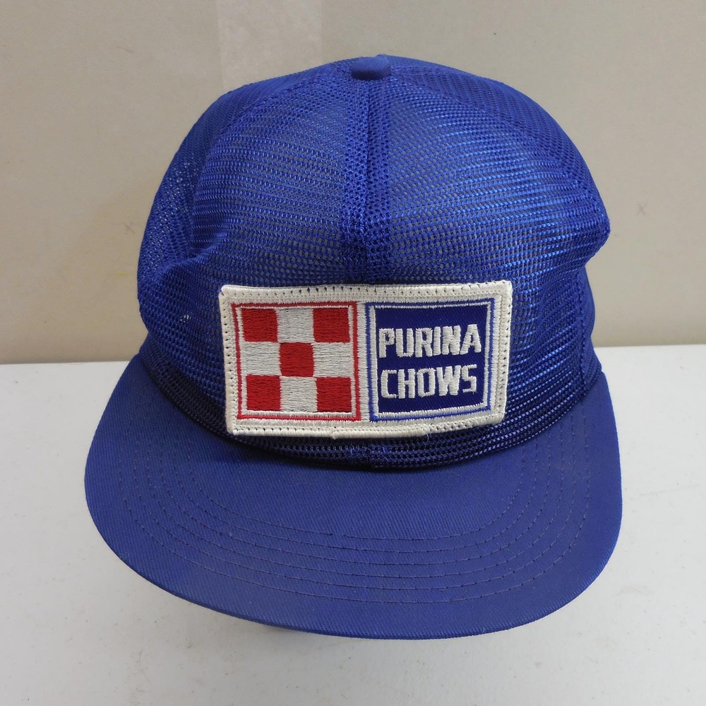 Vintage Purina Chows K-Brand Trucker Hat Blue Mesh Snapback Made in USA Cap